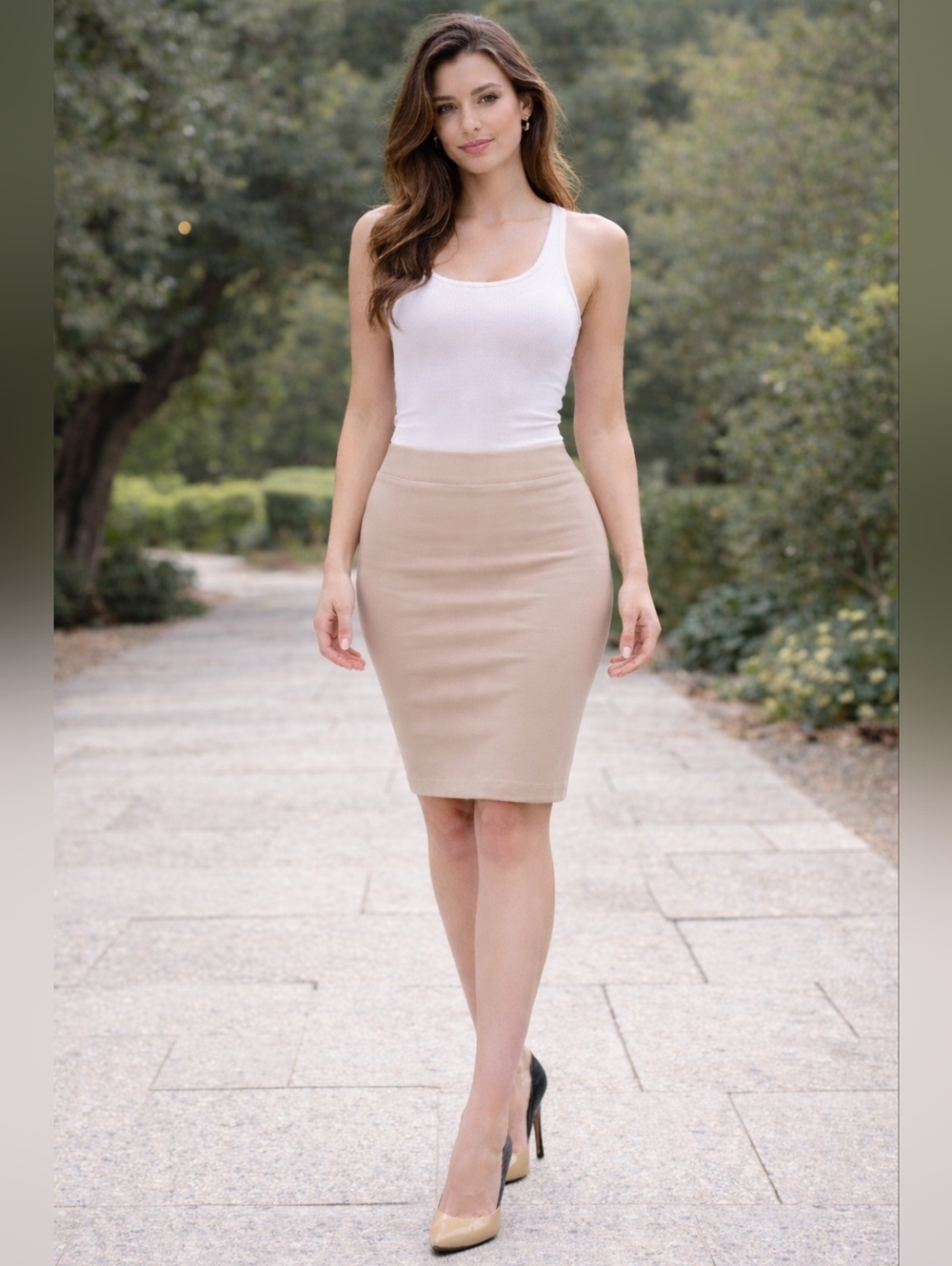 Fishers Finery Women Tan Casual Skirt Small Beige Pencil  Business Office Modest